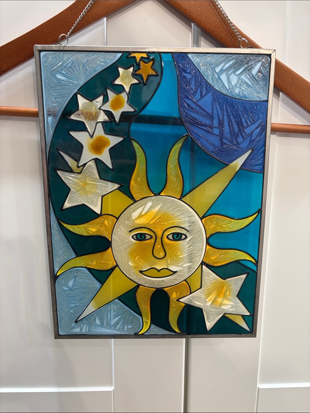 Vintage Celestial Sun and Stars Stained Glass Panel